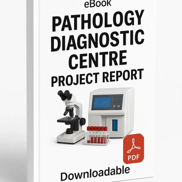 3D eBook cover mockup of “Pathology Diagnostic Centre Project Report” with a realistic laboratory setup showing microscope, centrifuge machine, test tubes, and blood sample vials in the center, white background, small “eBook” text at the top, red PDF icon at the bottom right, and the word “Downloadable” written below, shown at a slight right-side angle revealing the book spine.