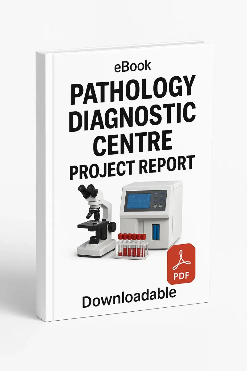 3D eBook cover mockup of “Pathology Diagnostic Centre Project Report” with a realistic laboratory setup showing microscope, centrifuge machine, test tubes, and blood sample vials in the center, white background, small “eBook” text at the top, red PDF icon at the bottom right, and the word “Downloadable” written below, shown at a slight right-side angle revealing the book spine.