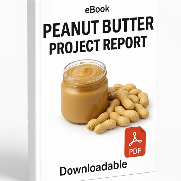 3D eBook cover mockup of “Peanut Butter Project Report” with a realistic glass jar of creamy peanut butter surrounded by several peanuts in shells, white background, small “eBook” text at the top, red PDF icon at the bottom right, and the word “Downloadable” written below, shown at a slight right-side angle revealing the book spine.