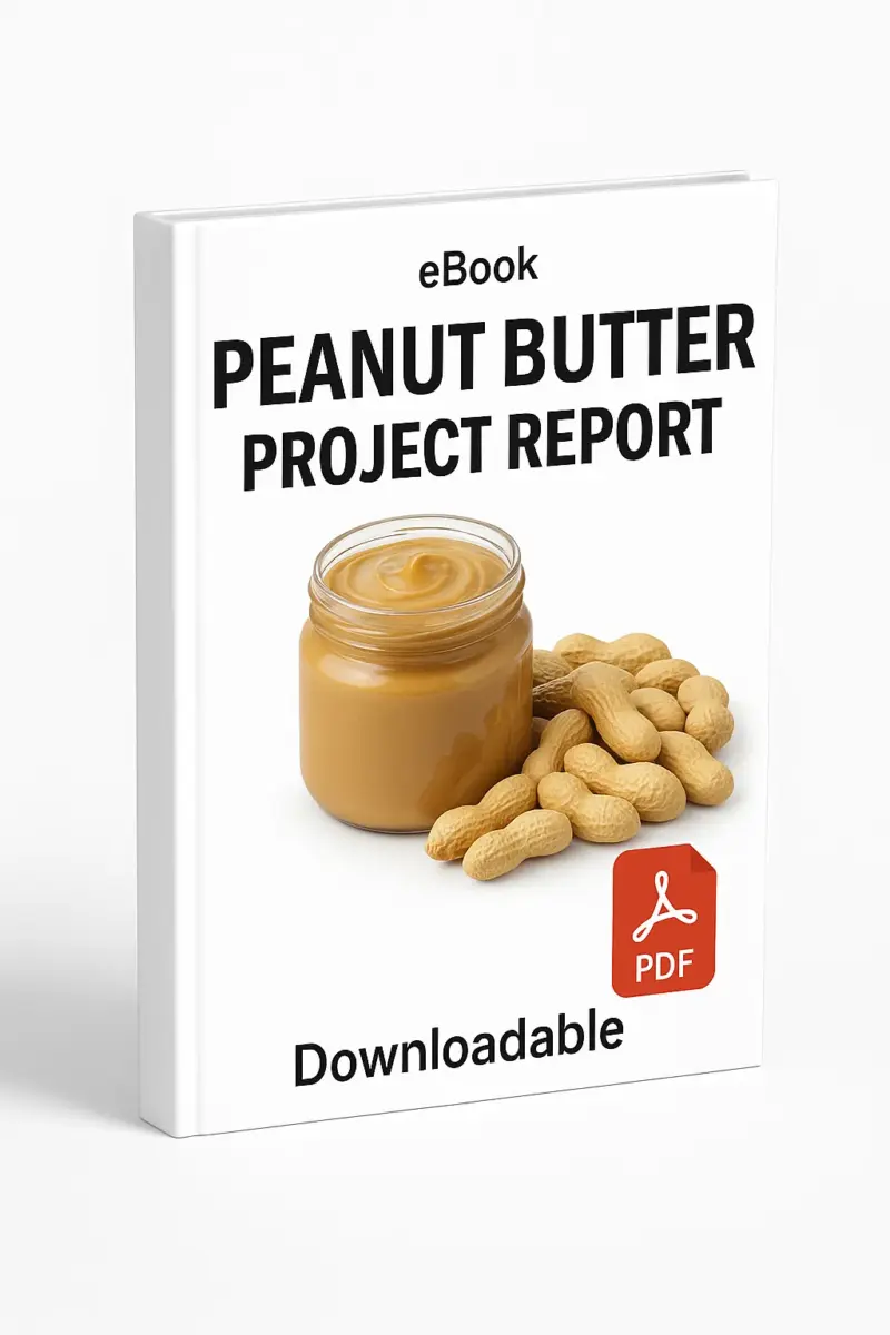 3D eBook cover mockup of “Peanut Butter Project Report” with a realistic glass jar of creamy peanut butter surrounded by several peanuts in shells, white background, small “eBook” text at the top, red PDF icon at the bottom right, and the word “Downloadable” written below, shown at a slight right-side angle revealing the book spine.