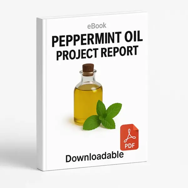 3D eBook cover mockup of “Peppermint Oil Project Report” with realistic glass bottles of peppermint oil surrounded by fresh green mint leaves in the center, white background, small “eBook” text at the top, red PDF icon at the bottom right, and the word “Downloadable” written below, shown at a slight right-side angle revealing the book spine.
