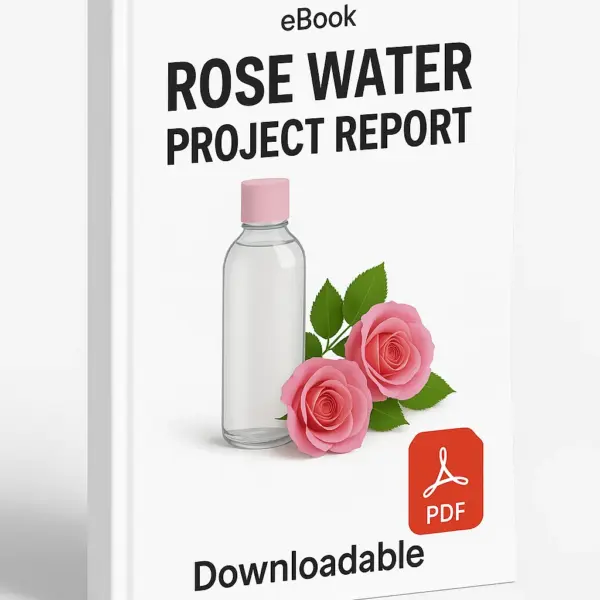 3D eBook cover mockup of “Rose Water Project Report” featuring realistic glass bottles of rose water surrounded by two to three fresh pink roses and scattered rose petals in the center, white background, small “eBook” text at the top, red PDF icon at the bottom right, and the word “Downloadable” written below, shown at a slight right-side angle revealing the book spine.