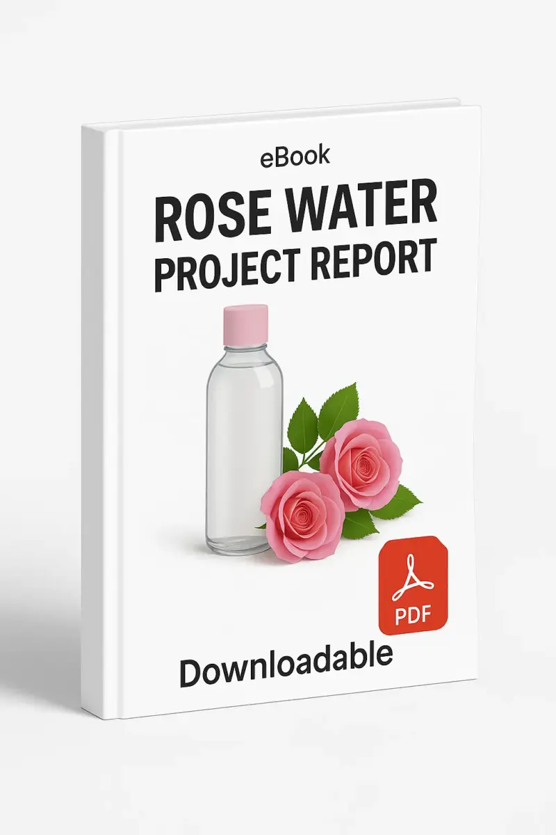 3D eBook cover mockup of “Rose Water Project Report” featuring realistic glass bottles of rose water surrounded by two to three fresh pink roses and scattered rose petals in the center, white background, small “eBook” text at the top, red PDF icon at the bottom right, and the word “Downloadable” written below, shown at a slight right-side angle revealing the book spine.