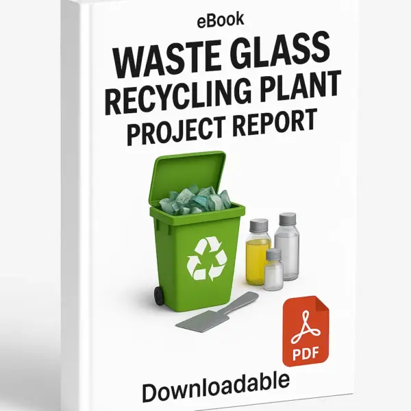 3D eBook cover mockup of “Waste Glass Recycling Plant Project Report” with realistic broken glass pieces, crushed glass, and recycled glass bottles in the center, white background, small “eBook” text at the top, red PDF icon at the bottom right, and the word “Downloadable” written below, shown at a slight right-side angle revealing the book spine.