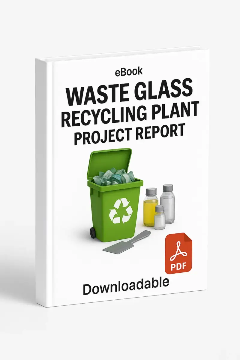 3D eBook cover mockup of “Waste Glass Recycling Plant Project Report” with realistic broken glass pieces, crushed glass, and recycled glass bottles in the center, white background, small “eBook” text at the top, red PDF icon at the bottom right, and the word “Downloadable” written below, shown at a slight right-side angle revealing the book spine.
