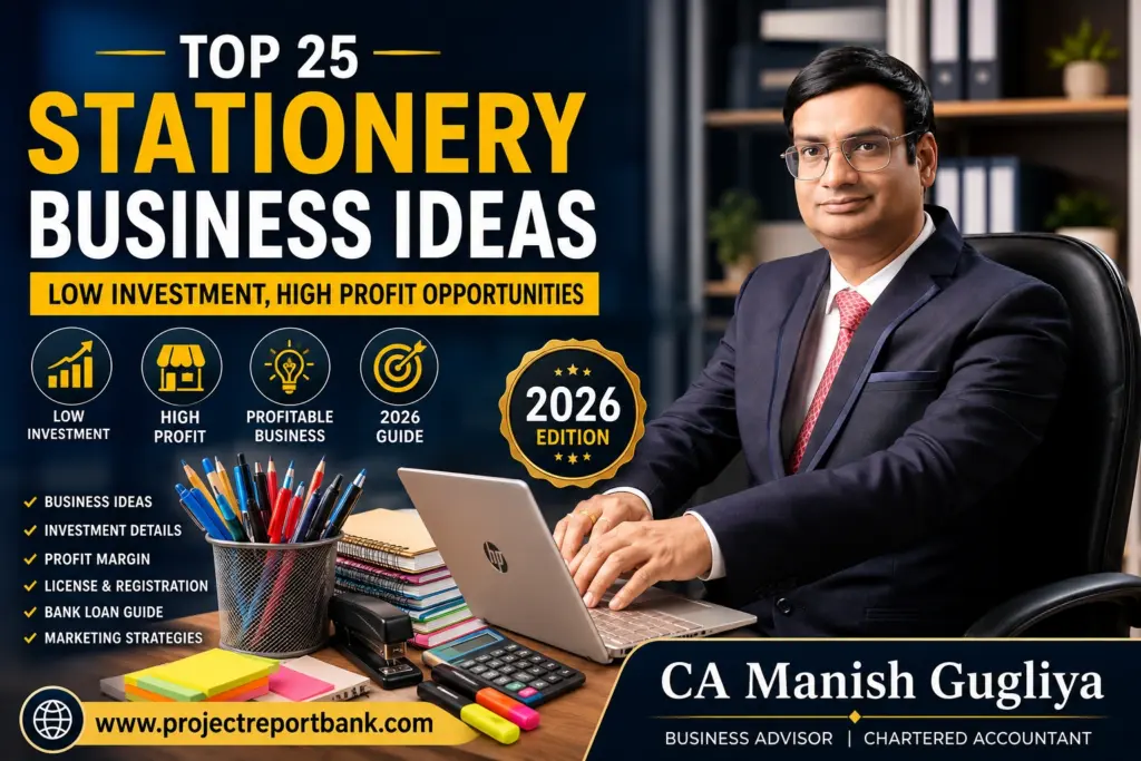 Top 25 Stationery Business Ideas in India 2026 featuring CA Manish Gugliya with low investment and high profit stationery business opportunities, www.projectreportbank.com