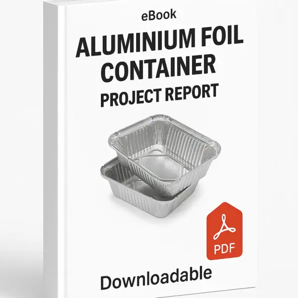 3D eBook cover mockup of “Aluminium Foil Container Project Report” showing realistic aluminum foil food containers stacked in the center on a clean white background. The top of the cover displays “eBook” in small text, a light red PDF icon is placed near the bottom, and the word “Downloadable” appears below. The design has a right-side angled view with visible book spine, realistic lighting, and a professional layout.
