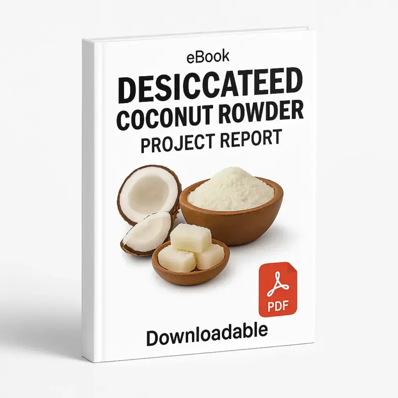 3D eBook cover mockup of “Desiccated Coconut Powder Project Report” featuring realistic half coconuts, a wooden bowl filled with white desiccated coconut powder, and scattered coconut pieces on a clean white background. The cover includes small “eBook” text at the top, a red PDF icon near the bottom, and the word “Downloadable” below, shown at a right-side angled view with realistic lighting and visible spine.