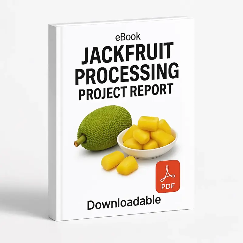 3D eBook cover mockup of “Jackfruit Processing Project Report” featuring realistic whole and sliced jackfruits placed in the center on a clean white background, small “eBook” text at the top, red PDF icon near the bottom, and the word “Downloadable” below. The book is shown at a right-side angled view with visible spine, realistic lighting, and a professional layout.