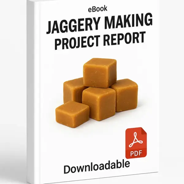 3D eBook cover titled “Jaggery Making Unit Project Report” featuring a stack of golden-brown jaggery cubes in the center on a clean white background, with “eBook” written at the top, a red PDF icon at the bottom, and the word “Downloadable” below. The book is shown at a slight right-side angle displaying the spine with realistic lighting and professional layout.