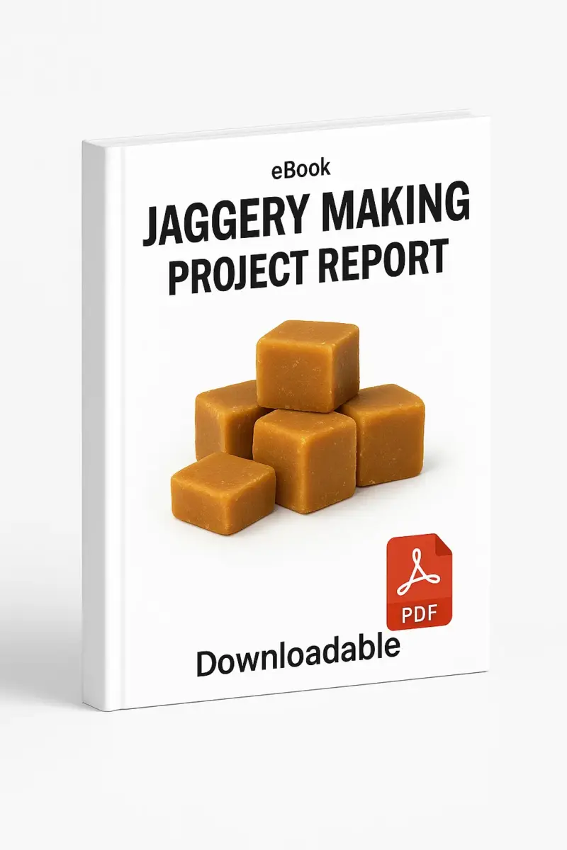 3D eBook cover titled “Jaggery Making Unit Project Report” featuring a stack of golden-brown jaggery cubes in the center on a clean white background, with “eBook” written at the top, a red PDF icon at the bottom, and the word “Downloadable” below. The book is shown at a slight right-side angle displaying the spine with realistic lighting and professional layout.