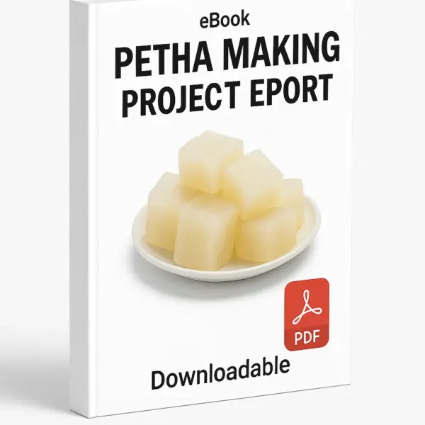 3D eBook cover mockup of “Petha Making Unit Project Report” featuring realistic pieces of Indian sweet petha placed in a bowl and on a plate at the center, clean white background, small “eBook” text at the top, light red PDF icon at the bottom right, and the word “Downloadable” written below, shown at a slight right-side angle revealing the book spine with realistic lighting and a professional layout.