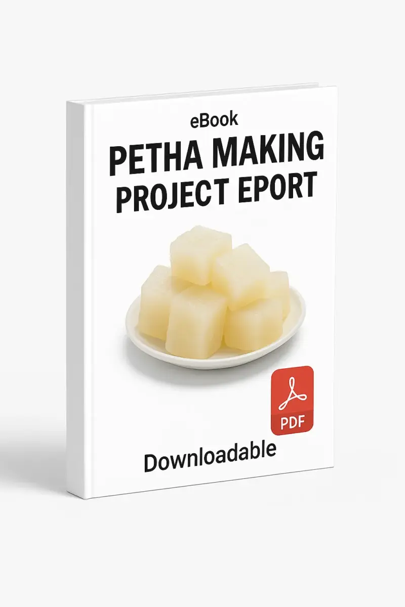 3D eBook cover mockup of “Petha Making Unit Project Report” featuring realistic pieces of Indian sweet petha placed in a bowl and on a plate at the center, clean white background, small “eBook” text at the top, light red PDF icon at the bottom right, and the word “Downloadable” written below, shown at a slight right-side angle revealing the book spine with realistic lighting and a professional layout.
