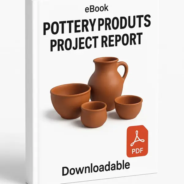 A 3D-rendered eBook cover titled “Pottery Products Project Report” featuring a collection of realistic clay pottery items such as pots, bowls, and vases arranged neatly in the center. The background is clean white with “eBook” written in small text at the top, a light red PDF icon at the bottom, and the word “Downloadable” below it. The cover shows a right-side angled view with visible book spine and realistic lighting for a professional appearance.