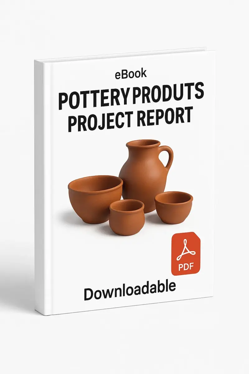 A 3D-rendered eBook cover titled “Pottery Products Project Report” featuring a collection of realistic clay pottery items such as pots, bowls, and vases arranged neatly in the center. The background is clean white with “eBook” written in small text at the top, a light red PDF icon at the bottom, and the word “Downloadable” below it. The cover shows a right-side angled view with visible book spine and realistic lighting for a professional appearance.