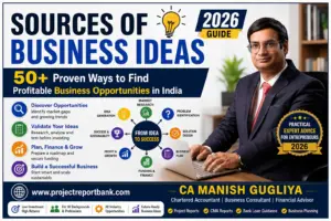 Sources of Business Ideas 2026 featured image with CA Manish Gugliya explaining 50+ proven ways to find profitable business opportunities in India.