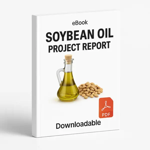 3D eBook cover mockup of “Soybean Oil Project Report” featuring a realistic glass bottle of golden soybean oil surrounded by scattered soybeans on a clean white background. The cover has small “eBook” text at the top, a red PDF icon near the bottom, and the word “Downloadable” below, shown at a right-side angled view with visible book spine and realistic lighting.
