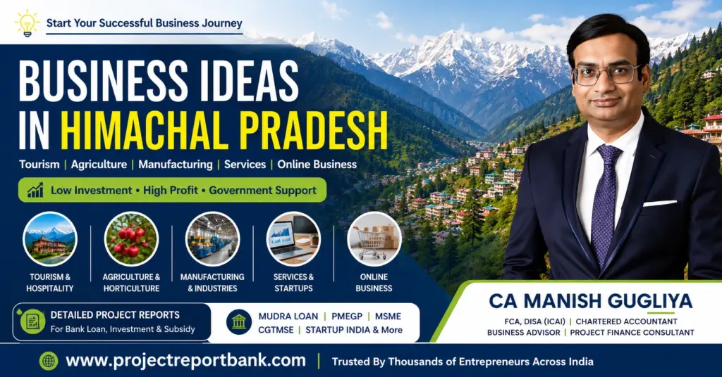 Business Ideas in Himachal Pradesh feature image with CA Manish Gugliya highlighting profitable tourism, agriculture, manufacturing, and startup opportunities.