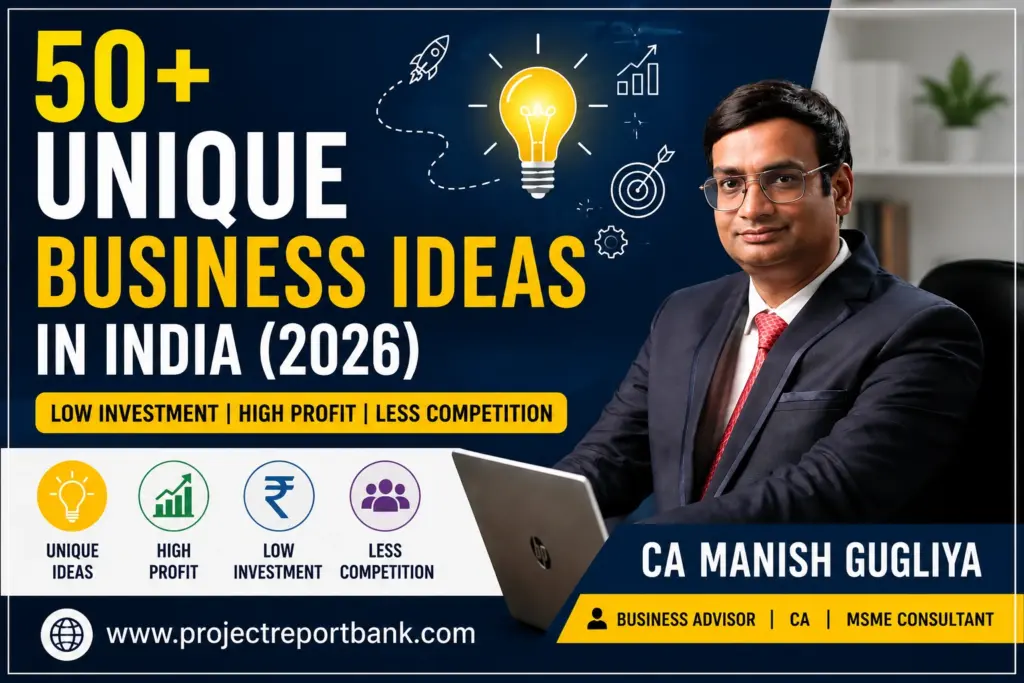50+ unique business ideas in India 2026 featuring CA Manish Gugliya with low investment, high profit and less competition business opportunities