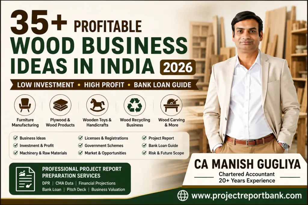 Featured image for '35+ Profitable Wood Business Ideas in India (2026)' showing CA Manish Gugliya with woodworking and furniture manufacturing background, highlighting low-investment wood business opportunities, project report preparation, bank loan guidance, business valuation, and www.projectreportbank.com