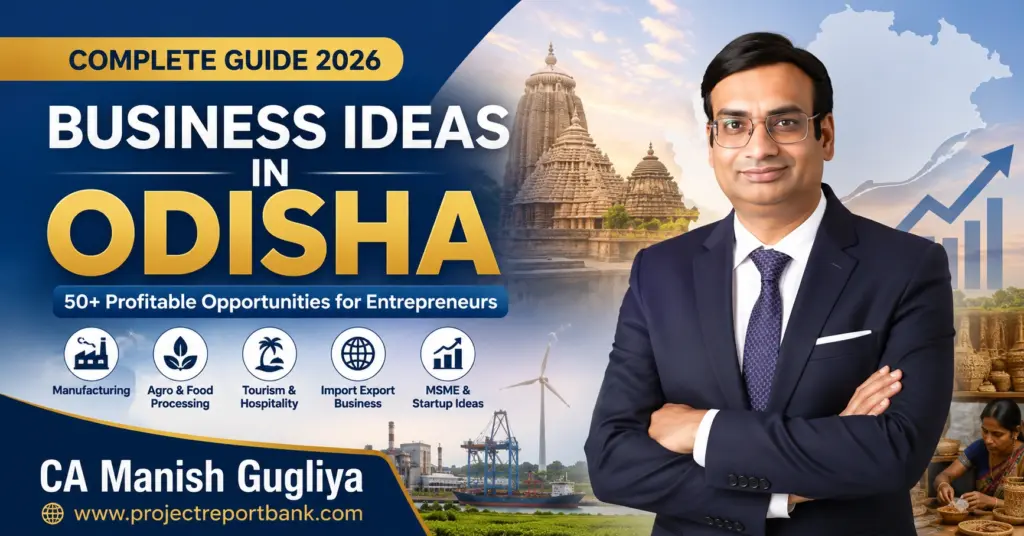Business Ideas in Odisha featured image showing CA Manish Gugliya with profitable manufacturing, tourism, agro, MSME, import-export and startup business opportunities in Odisha for entrepreneurs.