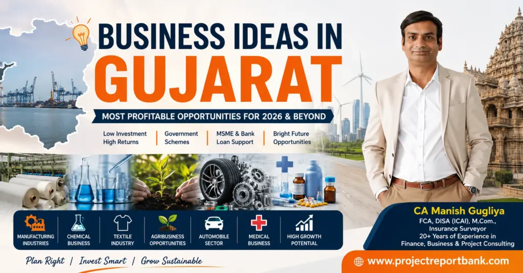 Business Ideas in Gujarat featured image showing CA Manish Gugliya with top manufacturing, textile, chemical, agribusiness, automobile and medical business opportunities in Gujarat for entrepreneurs and MSMEs