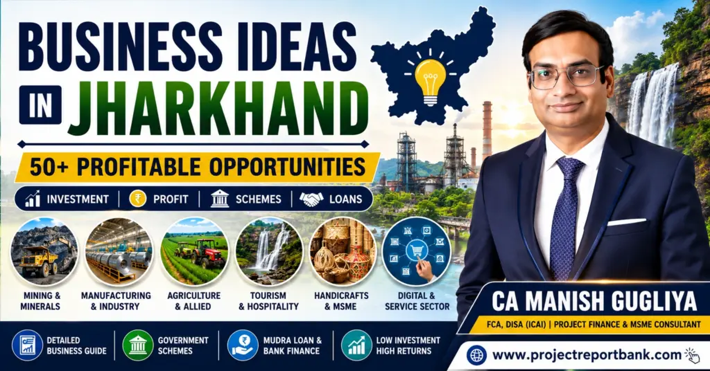 Business Ideas in Jharkhand featured image with CA Manish Gugliya highlighting 50+ profitable business opportunities, MSME startup ideas, manufacturing, mining, agriculture, government schemes, and bank loan guidance for entrepreneurs.