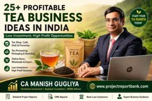 25+ Profitable Tea Business Ideas in India 2026 featured image with CA Manish Gugliya, tea shop, tea processing, tea packaging, and startup opportunities.