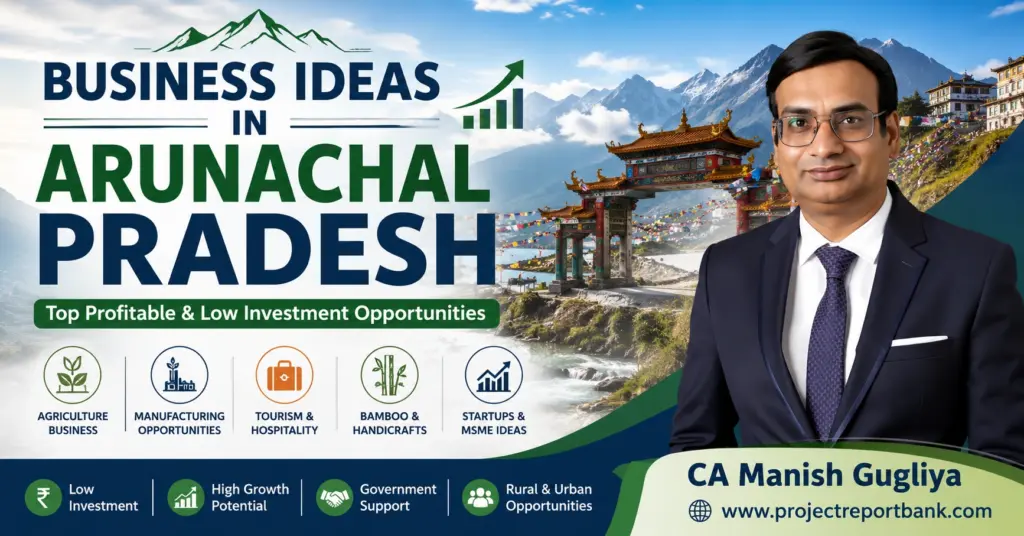 Business Ideas in Arunachal Pradesh 2026 featured image showing CA Manish Gugliya with profitable low investment business opportunities including agriculture, manufacturing, tourism, bamboo and MSME startups.