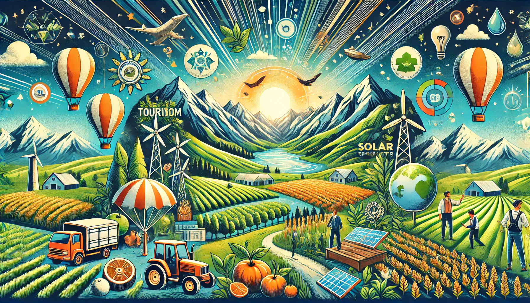A visually engaging illustration of a scenic Uttarakhand landscape, showcasing key industries and business opportunities.