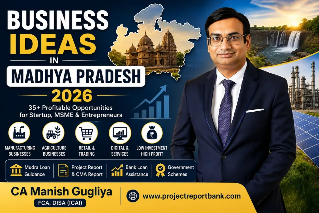Business Ideas in Madhya Pradesh 2026 featured image with CA Manish Gugliya for entrepreneurs, startups, MSMEs, and manufacturing business opportunities.