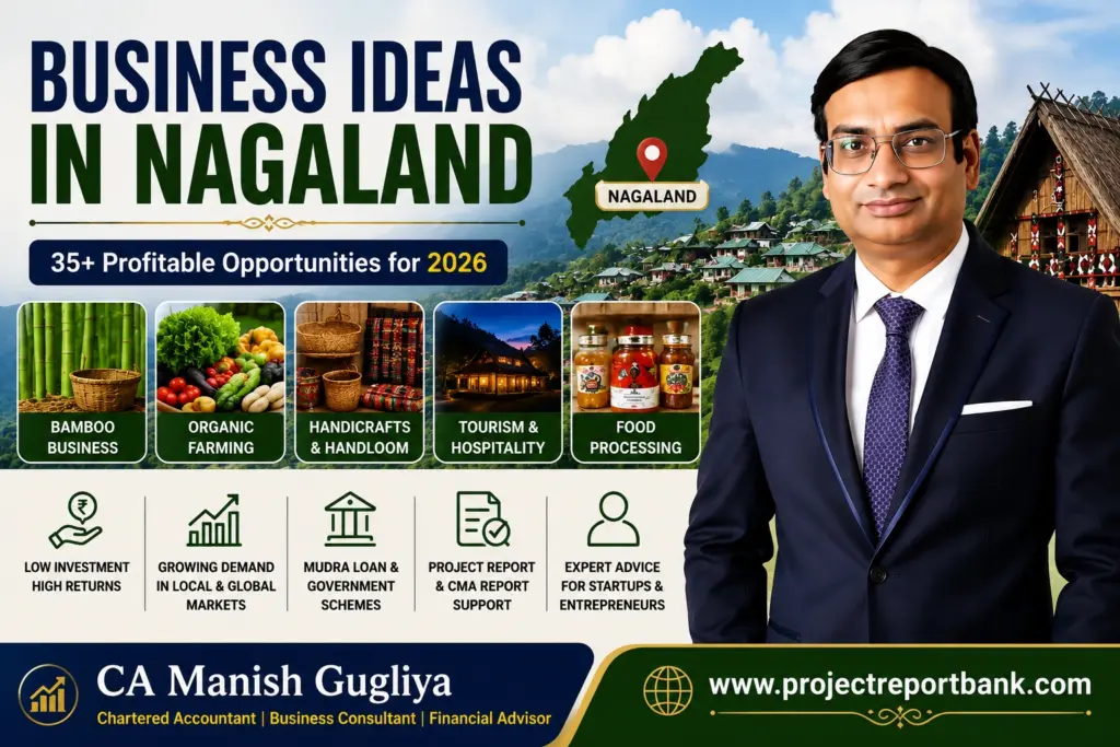 Business Ideas in Nagaland 2026 featured image showing CA Manish Gugliya with profitable startup opportunities including bamboo business, organic farming, handicrafts, tourism, and food processing in Nagaland