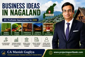 Business Ideas in Nagaland 2026 featured image showing CA Manish Gugliya with profitable startup opportunities including bamboo business, organic farming, handicrafts, tourism, and food processing in Nagaland