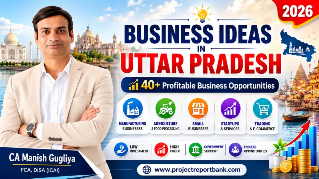 Business Ideas in Uttar Pradesh 2026 featured image with CA Manish Gugliya showcasing 40+ profitable low investment business opportunities, manufacturing, agriculture, startups, and MSME business ideas in Uttar Pradesh.