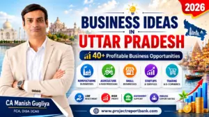 Business Ideas in Uttar Pradesh 2026 featured image with CA Manish Gugliya showcasing 40+ profitable low investment business opportunities, manufacturing, agriculture, startups, and MSME business ideas in Uttar Pradesh.