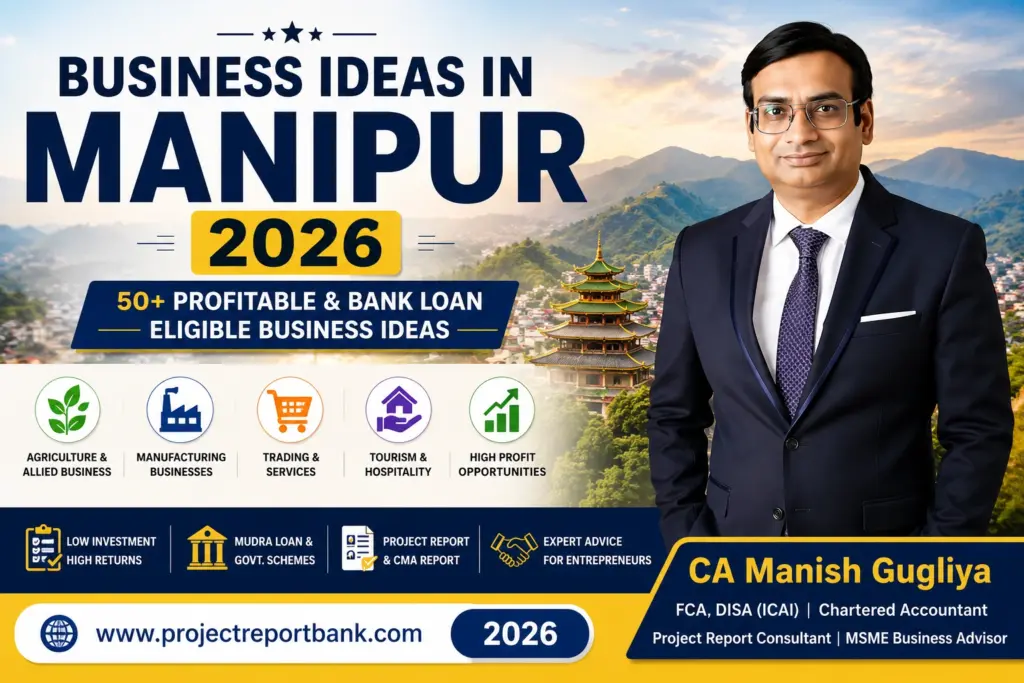 Business Ideas in Manipur 2026 featured image with CA Manish Gugliya highlighting 50+ profitable business opportunities and bank loan guidance.