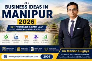 Business Ideas in Manipur 2026 featured image with CA Manish Gugliya highlighting 50+ profitable business opportunities and bank loan guidance.
