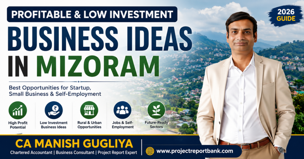 Business Ideas in Mizoram 2026 featuring CA Manish Gugliya with profitable low investment startup, MSME, manufacturing, rural and self-employment business opportunities in Mizoram