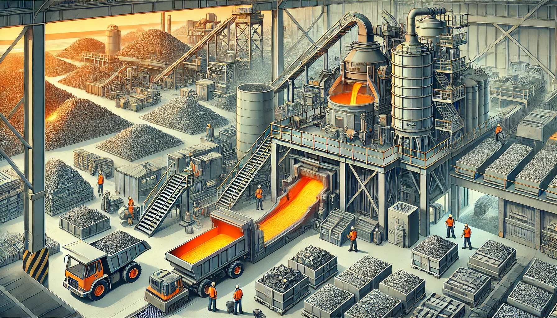 An industrial scene showing the process of manufacturing steel ingots from scrap metal in India