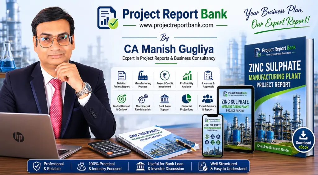Zinc Sulphate Manufacturing Plant Project Report eBook by CA Manish Gugliya from Project Report Bank, featuring business plan, machinery details, project cost, profitability analysis, licenses, and financial projections for entrepreneurs and investors.
