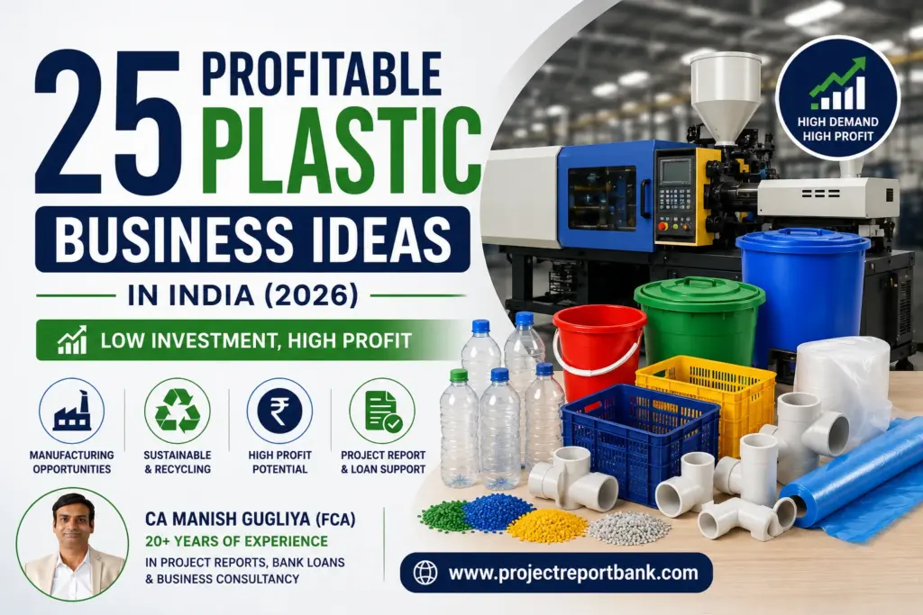 25 profitable plastic business ideas in India featuring plastic manufacturing machine, PET bottles, PVC pipes, recycling products, and CA Manish Gugliya with ProjectReportBank.com