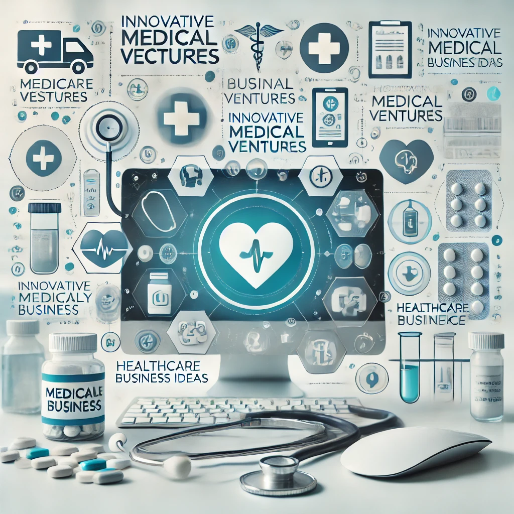A creative and professional image showcasing various medical business ideas. The image includes symbols like a stethoscope, medicine bottles, diagnost