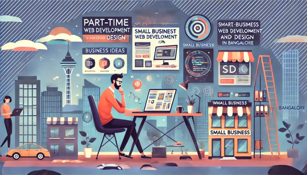A creative illustration showcasing part time web development and design business ideas for small businesses in Bangalore A creative illustration showcasing part-time web development and design business ideas for small businesses in Bangalore.