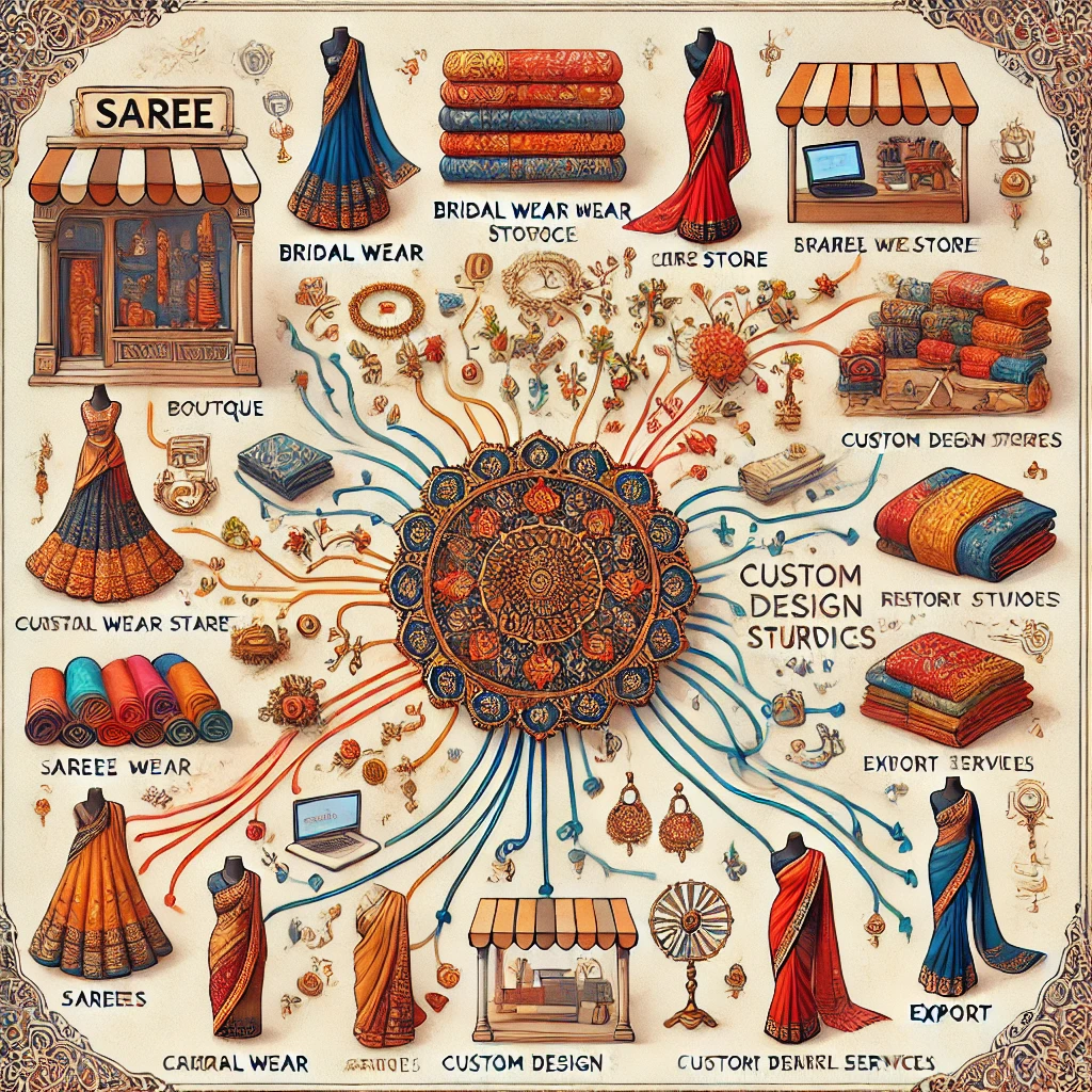 A creative visual linking saree business ideas with broader entrepreneurial opportunities. The image features a flowchart-style representation