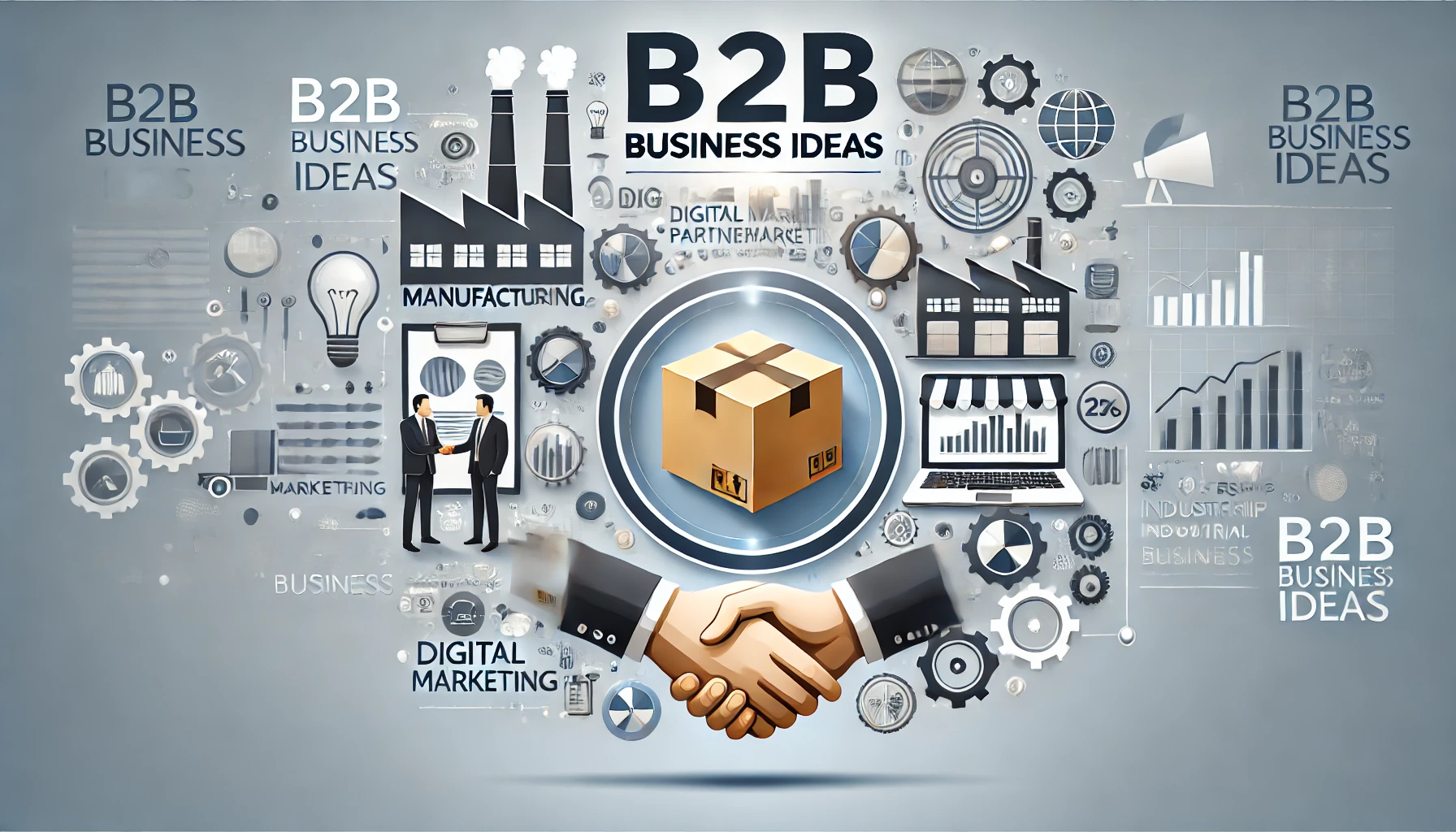 A modern and clean illustration representing various B2B business ideas. The image includes icons of a factory