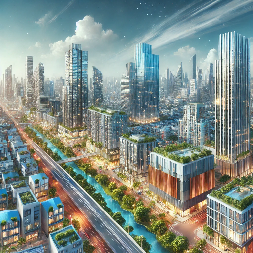 A modern cityscape showcasing luxury apartments, affordable housing, and co-working spaces, symbolizing the diverse real estate business opportunities