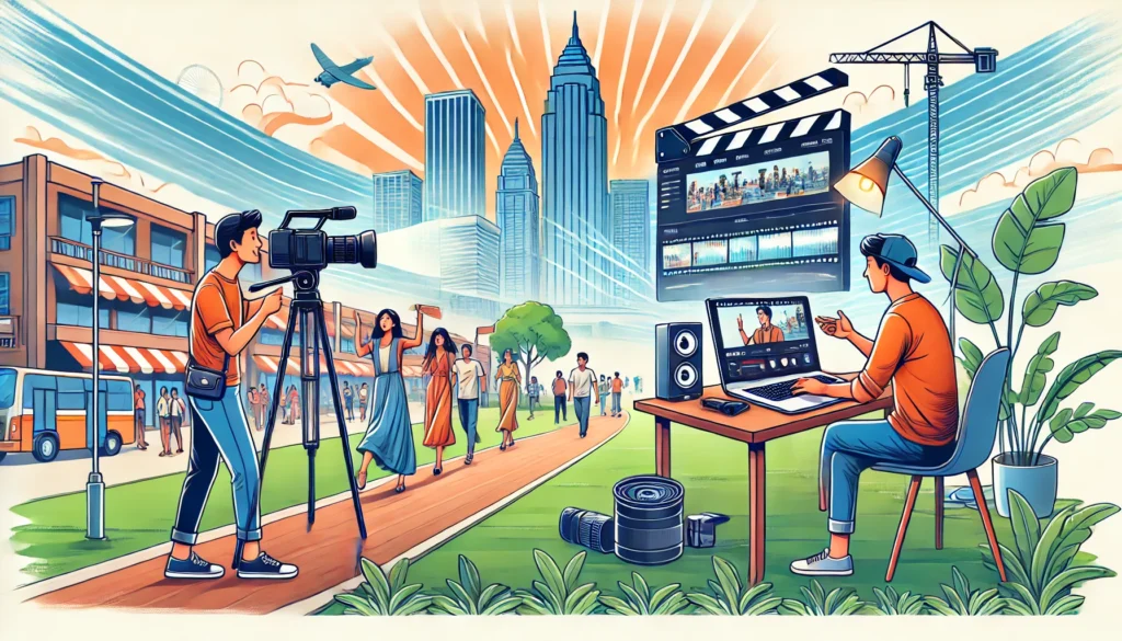 A professional illustration showcasing part time photography and videography business ideas in Bangalore. The scene features a photographer capturing A professional illustration showcasing part-time photography and videography business ideas in Bangalore. The scene features a photographer capturing