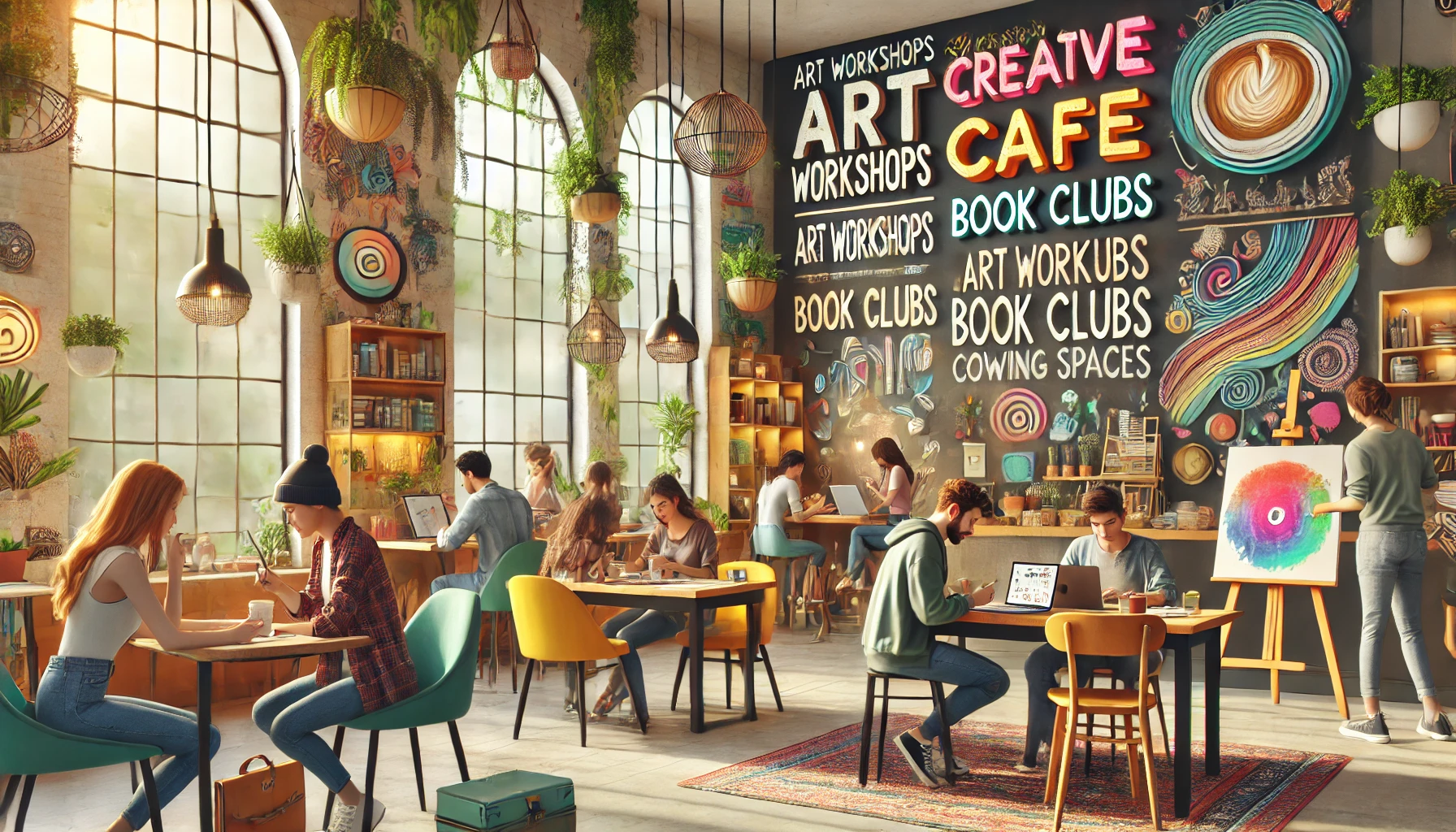 A vibrant and artistic cafe with a cozy, modern interior. The cafe features unique decor like hanging plants, bookshelves, and quirky wall art.
