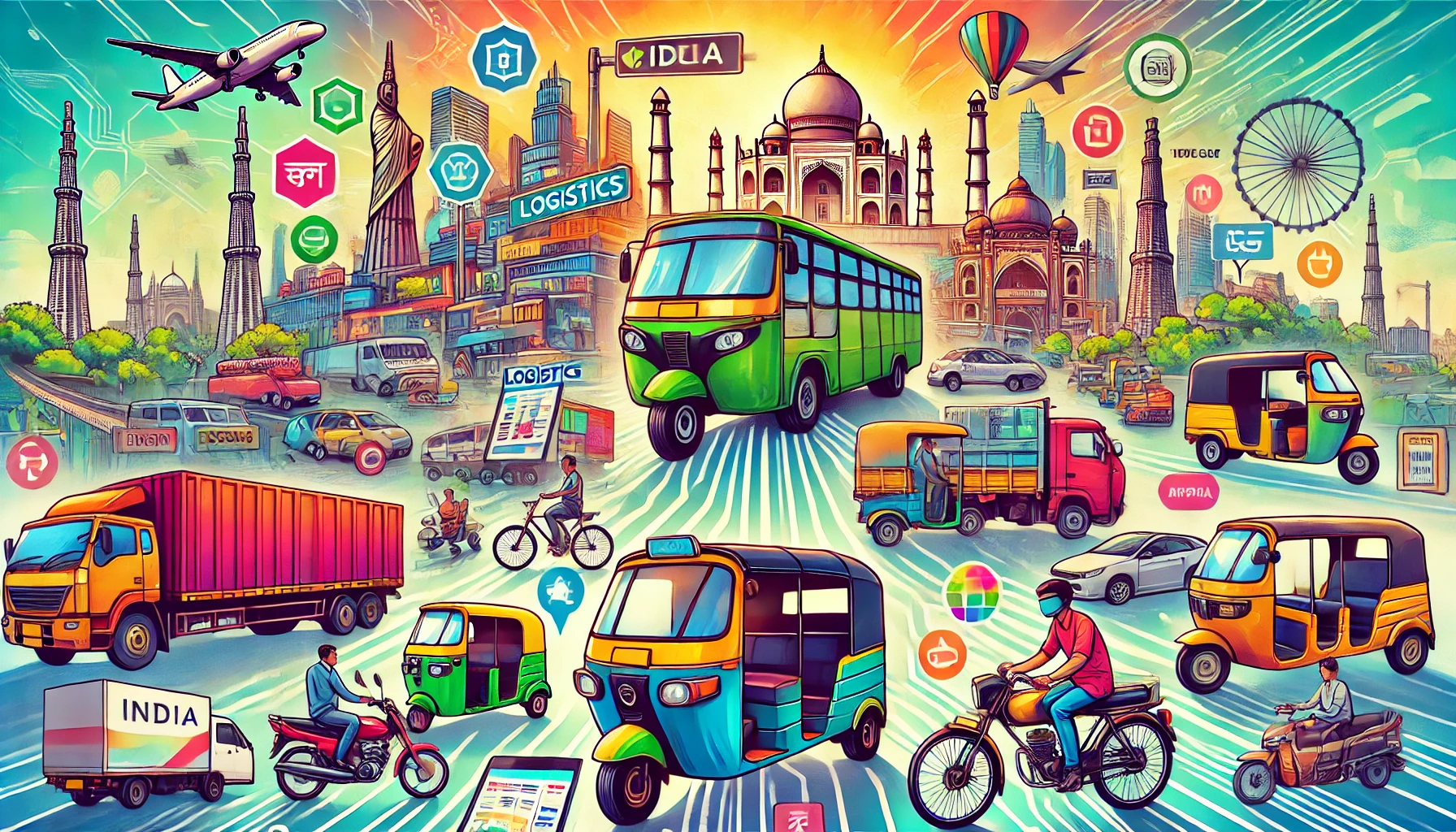 A vibrant and dynamic illustration showcasing various transportation business ideas in India. The image features diverse modes of transport