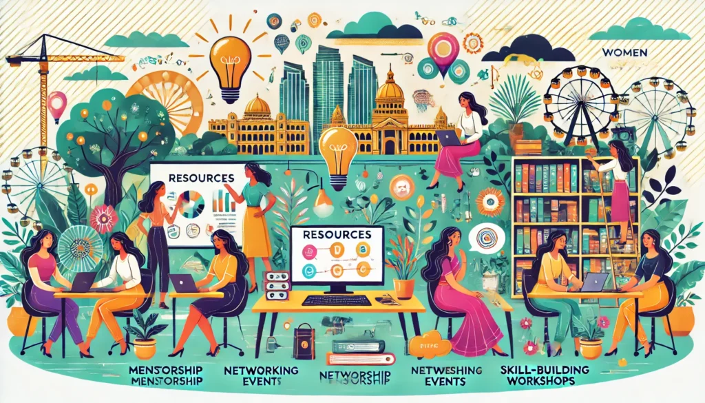 A vibrant and empowering illustration showcasing resources for women entrepreneurs in Bangalore. The image features a modern co working space with wom A vibrant and empowering illustration showcasing resources for women entrepreneurs in Bangalore. The image features a modern co-working space with women